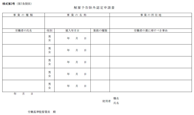 解雇予告除外認定_申請書
